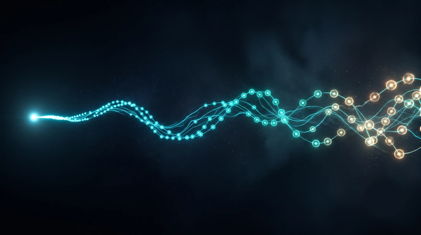 A single bright point of light unspooling into a long luminous chain of smaller glowing nodes across a dark field, a model's chain of thought extending in time, with faint heat gathering where the chain runs densest.